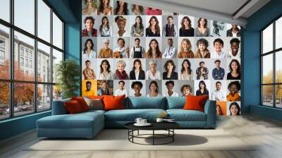 composite portrait featuring headshots of diverse women of all ages, genders, and ethnicities against a white gray and colorful flat background, celebrating inclusivity and diversity. Wall mural