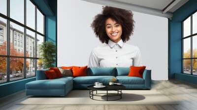 Confident, stylish and attractive young Afro-Black woman exudes happiness professionalism in a stock photo, dressed in business casual attire suitable for the office. Generative AI. Wall mural