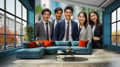 Confident Asian businesspeople in powerful poses, donning business suits, symbolizing a dynamic corporate team. Captivating unity and professionalism. generative AI. Wall mural