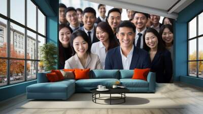 Confident international business team in powerful poses, wearing suits, showcases unity and professionalism. Smiles capture a portrait of success in a modern office. Generative AI. Wall mural