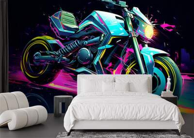 Cruise into the future with this captivating image of a fantasy motorbike adorned with neon lights, speeding along a highway against a dark backdrop.  Generative AI. Wall mural