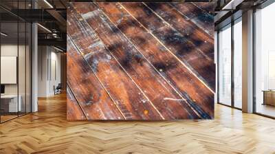 Damaged outdoor wood plate arrange and transform to the floor with the shadow of tree. Wall mural