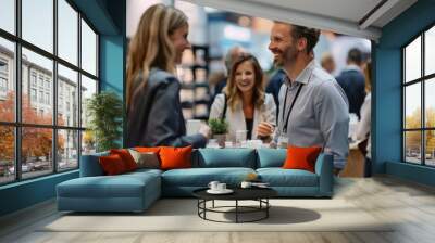 dynamic trade show moment, Professionals chat and laugh, with one man in his thirties smiling amid colleagues, against backdrop of product displays. Wall mural