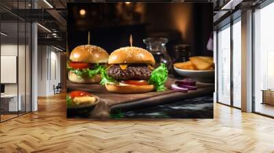 Hamburgers are arranged on the wood board with a lot of decoration for luxury promotion. generative AI Wall mural