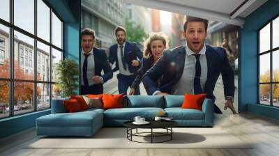 high powered speed scene, businessmen and businesswomen showcase an explosion of emotion and dynamic energy as they run. Generative AI. Wall mural