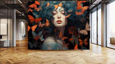 illusion of a girl's innermost thoughts, where butterflies dance in shades of dark cyan and orange above her head. Wall mural