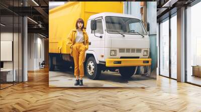 illustrated of young woman professional truck driver standing in front of big truck, woman people and transportation truck driver services concept. Generative AI. Wall mural