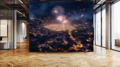 Illustration of Fireworks at Night. Stars of the fireworks are on a dark blue sky. Fireworks festival in the capital city. Generative AI. Wall mural