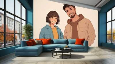 illustrations of two couples, cartoon style, showcasing vibrant designs with heartwarming kindness and happiness. Wall mural