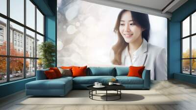 In a cozy and warmly lit space, a relaxed woman enjoys her tranquil surroundings, subtly enhanced by technology. Generative AI. Wall mural