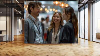 individuals in business casual attire as they laugh and chat together at an exhibition booth after t Wall mural