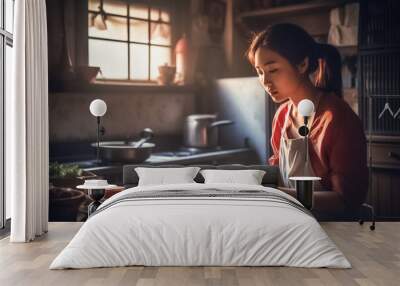 Japanese woman smiling and enjoying the process of cooking as she cooks dinner at home. generative AI Wall mural