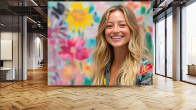 Joyful caucasian blonde woman is surrounded by vibrant marble texture colorful background and some.bokeh lights, her smile full of energy. The playful scene fits themes of celebration and fun. Wall mural