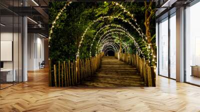 Lighting line hang on to the tree decor on to cave concept on the wood terrace walking way with darken around. Wall mural