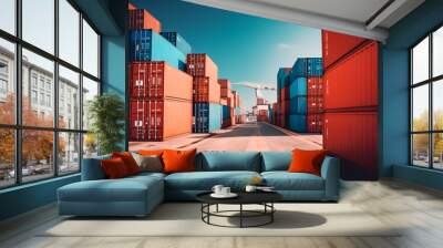 massive container ships lined up at an industrial port, their decks filled with neatly arranged cargo containers, representing the interconnectedness of global commerce. generative AI. Wall mural