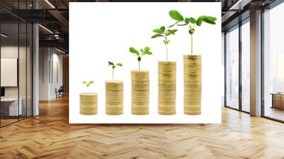 Money Trees are growing on the tower gold coin stack, increasing from small to high. Money Saving financial growth concept on isolated white background. Clipping paths Wall mural