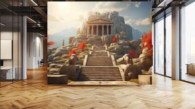 panorama of an ancient Greek rock temple, where twilight casts its enchanting glow upon the Doric column ruins, evoking a sense of timeless majesty. Wall mural