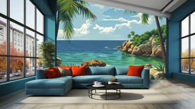 Paradise island, graphic illustration of mystery tropical desert island with coconut trees is settled in nowhere and middle of ocean. Unknown island surrounded by blue sea and cloudy sky. Wall mural