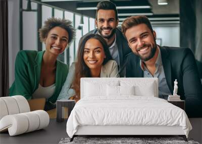 Portrait of successful group of business people at modern office looking at camera. Portrait of happy businessmen and satisfied businesswomen standing and smile as a team. Generative AI. Wall mural