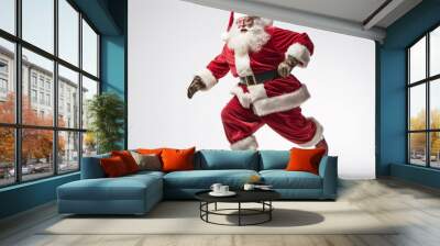 Santa Claus dashes energetically with his sack against a pristine white background, Generative AI. Wall mural