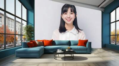 Smart Casual Office Shirt uniform Girl Teenager - Adult stands in front of White Background. generative AI Wall mural