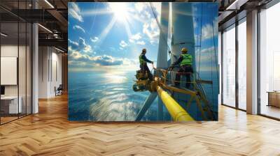 Technicians conduct surveys and observations beneath a colossal ocean wind turbine by sailing ship and climbing a mountainous, as they carry out maintenance and cleaning tasks. Wall mural