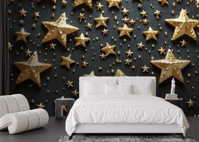 textured gold stars set against a dark background, creating a striking contrast. The shiny metallic stars in various sizes exude a luxurious and festive atmosphere. Wall mural