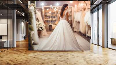 The back view portrait of an attractive woman choosing and trying on a new exquisite wedding bridal dress at a wedding clothing studio and store. Generative AI. Wall mural