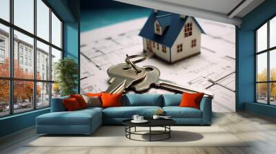 The close up conceptual image of a tiny architectural house 3d model isolated on a blueprint or layout plan design with keys. Generative AI. Wall mural