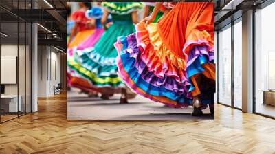 The colorful layers skirt female outfits for the cultural Mexican dance on a festival day at the public space show, Mexican folk dance. Generative AI. Wall mural