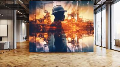 The engineer is skillfully blended with the industrial factory through a double exposure graphic technique, creating a captivating visual with a touch of digital art style. Generative AI. Wall mural