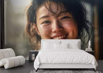 The golden light gracefully illuminates the face of a beautiful young Asian girl, highlighting her natural beauty and evoking a sense of warmth and serenity in the image. generative AI. Wall mural