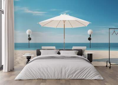 The picture of a white beach umbrella and comfort outdoor lay chair placed on soft white sand at the beach  under blue sky and sun shines, Generative AI. Wall mural