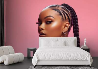 The portrait of an attractive young black female model in pink outfit  with braids hairstyle and full makeup isolated on a pink background, shot in a studio. Generative AI. Wall mural