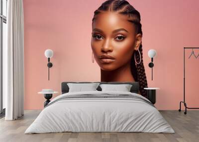 The portrait of an attractive young black female model in pink outfit  with braids hairstyle and full makeup isolated on a pink background, shot in a studio. Generative AI. Wall mural