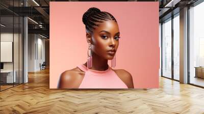 The portrait of an attractive young black female model in pink outfit  with braids hairstyle and full makeup isolated on a pink background, shot in a studio. Generative AI. Wall mural