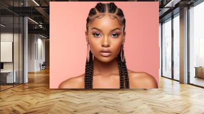 The portrait of an attractive young black female model in pink outfit  with braids hairstyle and full makeup isolated on a pink background, shot in a studio. Generative AI. Wall mural