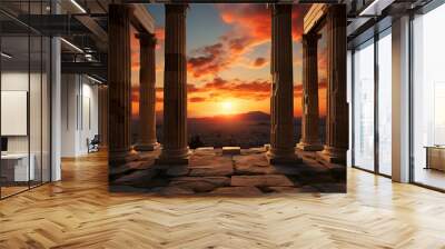 The scenic landscape view of an ancient Greek rock temple with Doric column ruin in the evening twilight time. Generative AI. Wall mural