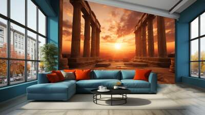 The scenic landscape view of an ancient Greek rock temple with Doric column ruin in the evening twilight time. Generative AI. Wall mural