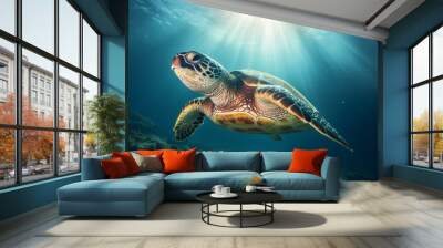 The sea turtle gracefully glides through the ocean, sunlight piercing through the water's surface, illuminating its path Wall mural