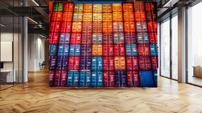 the sheer magnitude of a mountainous stack of containers in a bustling container yard, illustrating the magnitude of international trade and the complex logistics involved. Wall mural