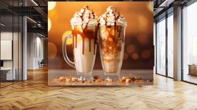 The shot of coffee shake frappe smoothie  topped with sweet whipping cream and caramel sauce in tall glasses  mugs on the black  white  blurry background. Generative AI. Wall mural