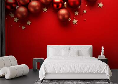 The wallpaper of the Christmas festival in winter season consists of gold, red, and silver Christmas ball and star ornament hung on red background. Generative AI. Wall mural