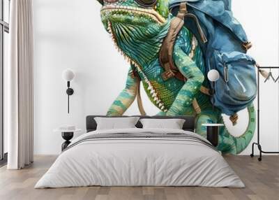 This fun cartoon character of a green Chameleon is seen walking on two legs while wearing a big blue backpack, pants, and boots, all against a white background. Wall mural