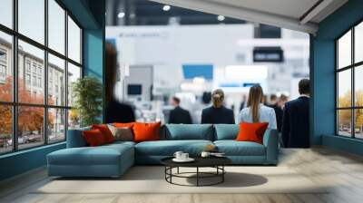 Vibrant crowd at a business expo, with blurred movement and copy space emphasizing the dynamic environment. Wall mural