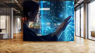 Woman controls hologram technology, handling virtual 3D connection with her hand in dark digital room. generative AI. Wall mural