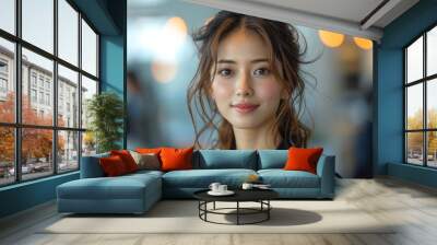 workplace joy with a radiant young businesswoman, a beautiful manager, glowing with positivity while creating in her modern office sanctuary. Generative AI. Wall mural