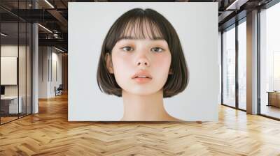 Young Asian woman with clean, fresh skin and short hair bobtail style, embodying beauty and cosmetic care concepts. Wall mural