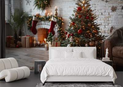 A Christmas tree with gifts on a white background, with space for copy. A New Year's decoration in a room interior. A realistic photograph.  Wall mural