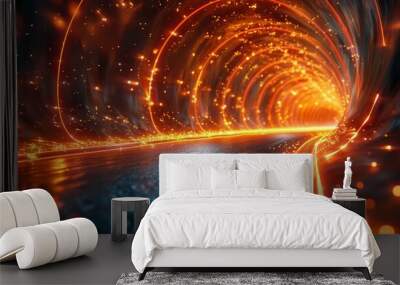 Abstract background of light rays in a tunnel with speed effects,Orange and red blurry light Wall mural